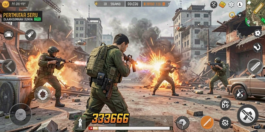 Screenshot utama 333666 menampilkan aksi pertempuran intens.