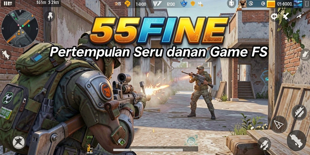 Screenshot utama gameplay 55FIVE menunjukkan pertempuran intens di lingkungan dinamis.