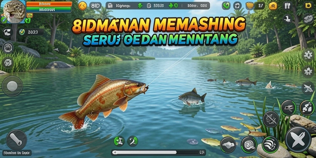 Tampilan gameplay 8ID yang menarik saat memancing ikan di danau.