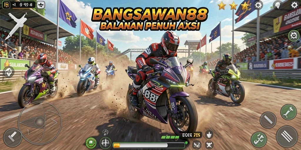 Gameplay seru BANGSAWAN88 dengan balapan motor yang cepat.