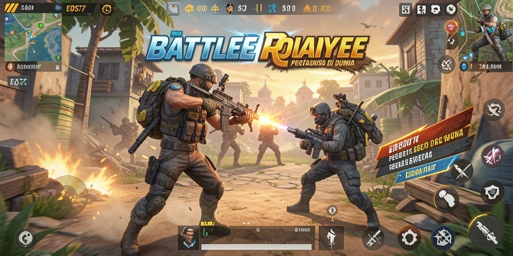 Screenshot gameplay EOS77 menunjukkan pertempuran intens di medan perang Battle Royale.