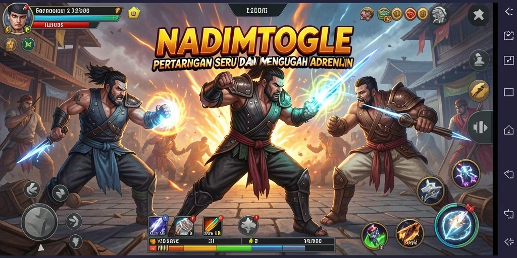 Screenshot gameplay NADIMTOGEL menampilkan pertarungan epik dengan karakter yang beraksi.