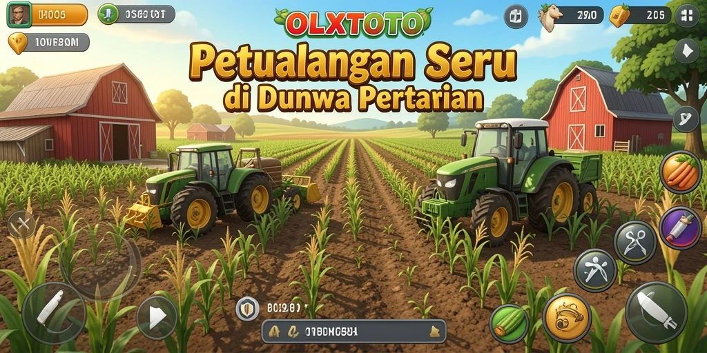 Screenshot OLXTOTO menunjukkan pemain merawat tanaman dan hewan di lahan pertanian.