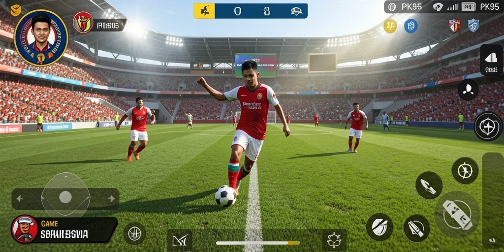 Tangkapan layar utama PK95 menampilkan aksi seru di lapangan sepak bola.
