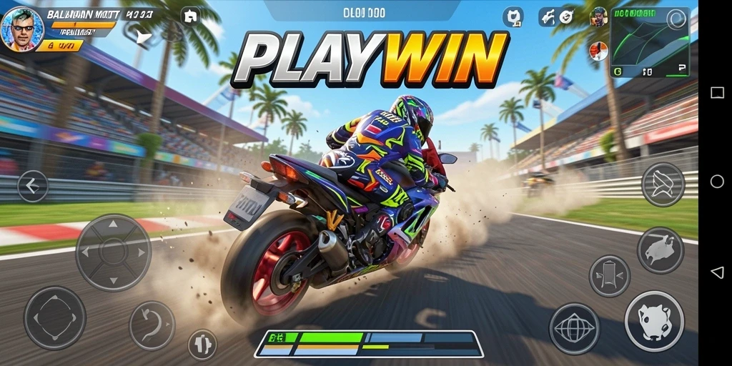 Gambaran gameplay PLAYWIN yang penuh aksi dan balapan motor yang seru.