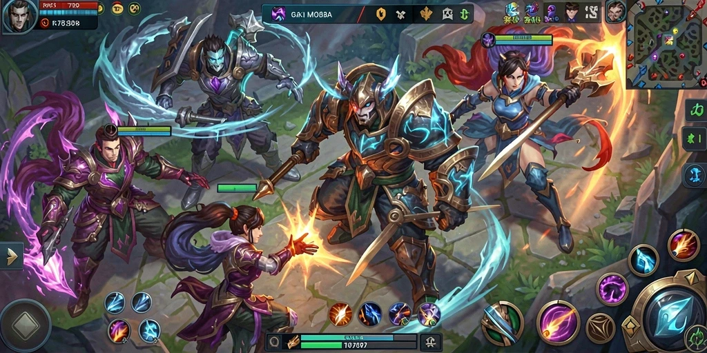 Tampilan gameplay yang seru dalam RR789 dengan aksi pertempuran MOBA.