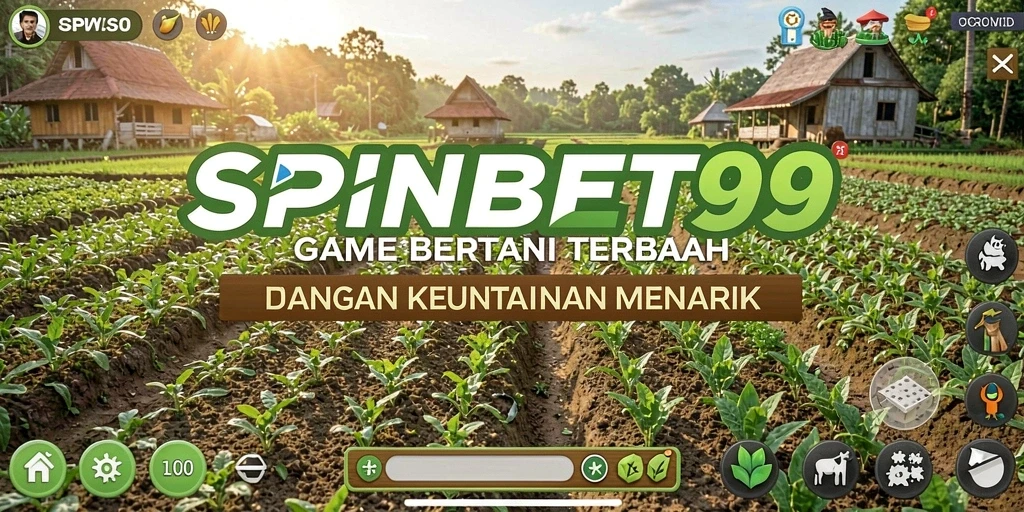 Screenshot gameplay SPINBET99 menunjukkan lahan pertanian yang subur dan aktif.