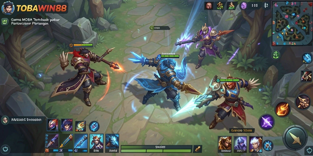 Screenshot gameplay TOBAWIN88 menampilkan pertempuran MOBA yang mendebarkan.