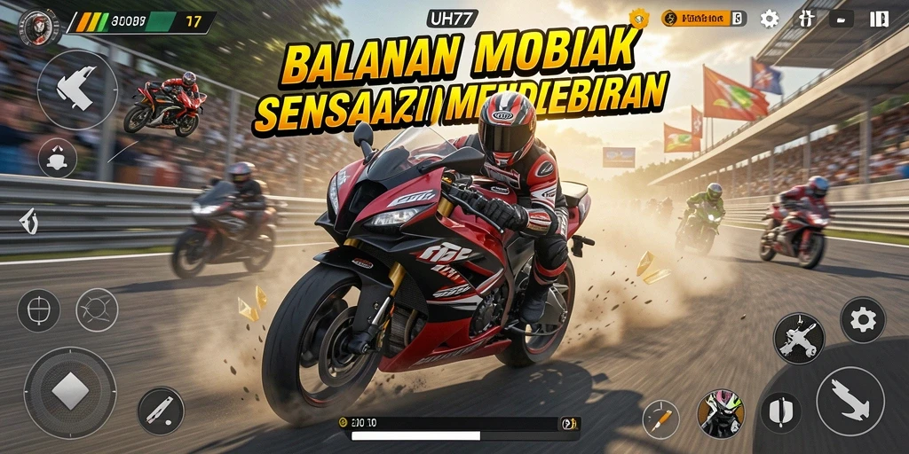Gameplay UH77 yang mendebarkan dengan motor balap cepat.